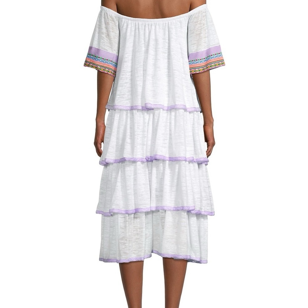 White and Purple Trim Off-Shoulder Tiered Dress